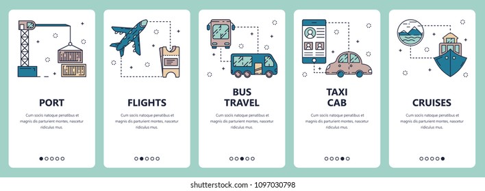 Vector set of vertical banners with Port, Flights, Bus travel, Taxi cab, Cruises website and mobile app templates. Modern thin line flat style design.