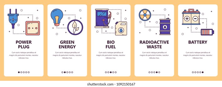 Conjunto de vectores de banners verticales con enchufe de alimentación, energía verde, combustible biológico, residuos radiactivos, página web de la batería y plantillas de aplicaciones móviles. Diseño moderno de estilo plano y delgado.