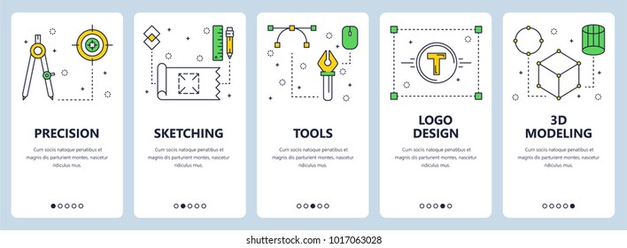 Vector set of vertical banners with Precision, Sketching, Tools, Logo design, 3d modeling website templates. Modern thin line flat style design.