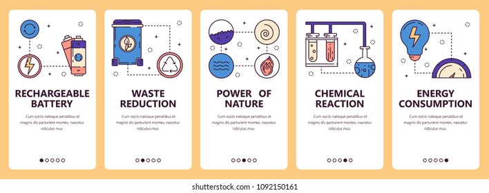 Vector set of vertical banners with Rechargeable battery, Waste reduction, Power of nature, Chemical reaction, Energy consumption website and mobile app templates. Modern thin line flat style design.