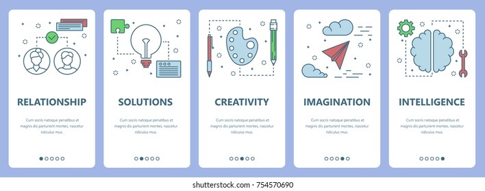 Vector set of vertical banners with Relationship, Solutions, Creativity, Imagination, Intelligence concept web elements. Modern thin line flat symbols, icons for website menu, print.