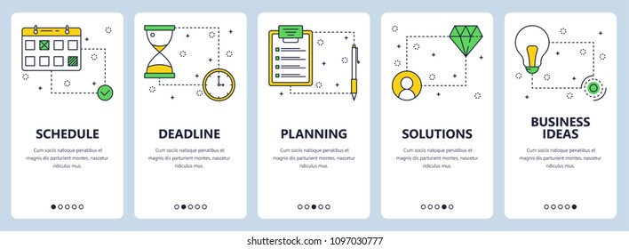 Vector set of vertical banners with Schedule, Deadline, Planning, Solutions, Business ideas website and mobile app templates. Modern thin line flat style design.