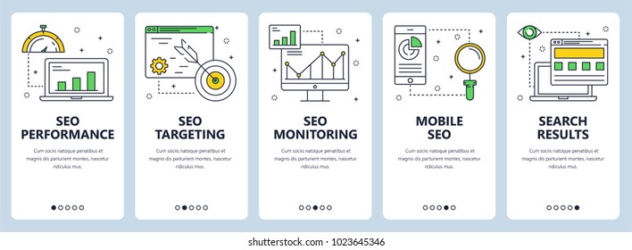 Vector set of vertical banners with SEO performance, SEO targeting, SEO monitoring, Mobile SEO and Search results website templates. Modern thin line flat style design.