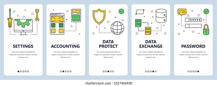 Vector set of vertical banners with Settings, Accounting, Data protect, Data exchange, Password website templates. Modern thin line flat style design.