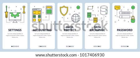 Vector set of vertical banners with Settings, Accounting, Data protect, Data exchange, Password website templates. Modern thin line flat style design.