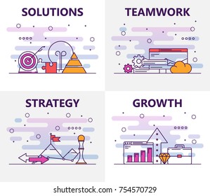 Vector set of vertical banners with Solutions, Teamwork, Strategy, Growth concept web templates. Modern thin line flat symbols, icons for website menu, print.