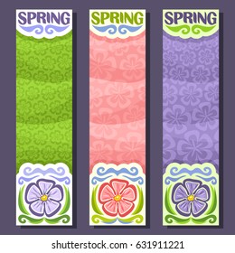 Vector set vertical banners for Spring season: 3 layouts with floral background, Flowers templates with title text - spring, springtime flyers with lilac hibiscus flower art backdrop, rose of sharon.