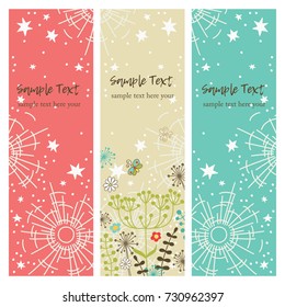 vector set of vertical banners with stars, flowers and sun. Hand drawn. Vector design.