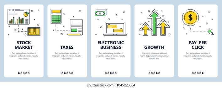 Vector set of vertical banners with Stock market, Taxes, Electronic business, Growth, Pay per click website templates. Modern thin line flat style design.