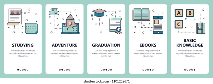 Vector set of vertical banners with Studying, Adventure, Graduation, Ebooks, Basic knowledge website and mobile app templates. Modern thin line flat style design.