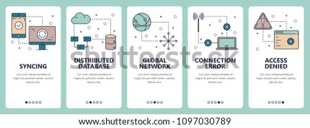 Vector set of vertical banners with Syncing, Distributed database, Global network, Connection error, Access denied website and mobile app templates. Modern thin line flat style design.