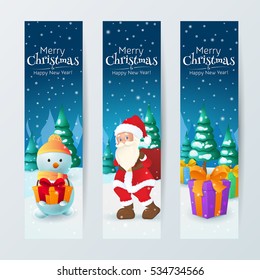 Vector set of vertical banners with title "Merry Christmas" and "Happy New Year". Cartoon Snowman with present, Santa Claus with a bag and boxes with gifts. Winter landscape with trees and snow