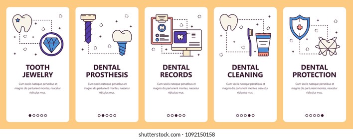 Vector set of vertical banners with Tooth jewelry, Dental prosthesis, Dental records, Dental cleaning, Dental protection website and mobile app templates. Modern thin line flat style design.