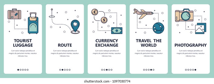 Vector set of vertical banners with Tourist luggage, Route, Currency exchange, Travel the world, Photography website and mobile app templates. Modern thin line flat style design.