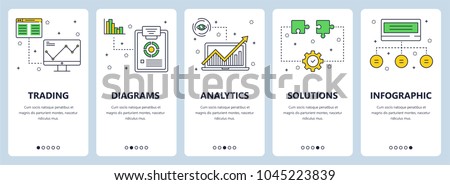 Vector set of vertical banners with Trading, Diagrams, Analytics, Solutions, Infographic website templates. Modern thin line flat style design.