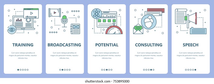 Conjunto de vectores de banners verticales con elementos web de concepto de Formación, Difusión, Potencial, Consultoría, Voz. Modernos símbolos planos de línea delgada, iconos para el menú del sitio web, imprimir.