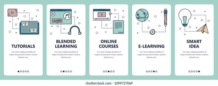 Vector set of vertical banners with Tutorials, Blended learning, Online courses, E-learning, Smart idea website and mobile app templates. Modern thin line flat style design.