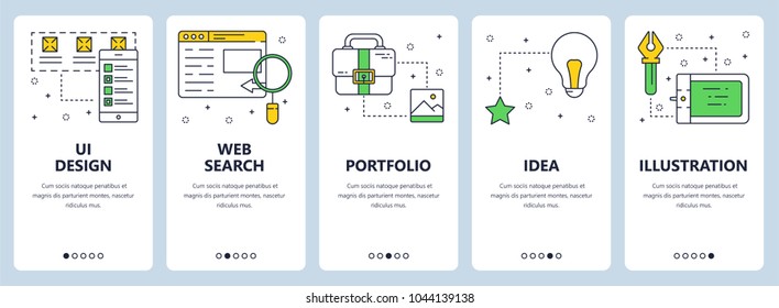 Vector set of vertical banners with UI design, Web search, Portfolio, Idea, Illustration website templates. Modern thin line flat style design.