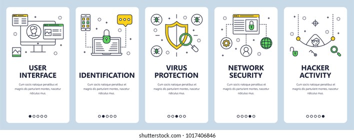 Vector set of vertical banners with User interface, Identification, Virus protection, Network security, Hacker activity website templates. Modern thin line flat style design.