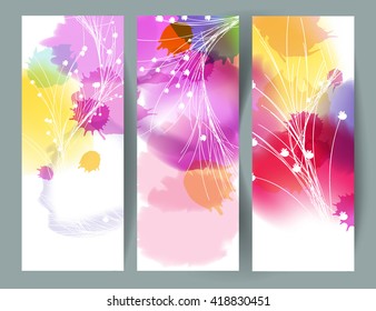 Vector set of vertical banners with watercolor spots and flowers. The illustration contains effects. EPS10 