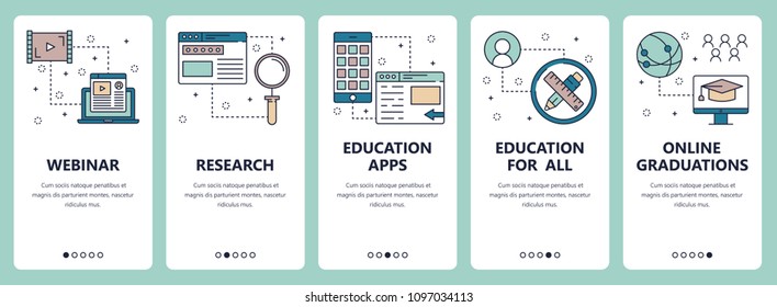 Vector set of vertical banners with Webinar, Research, Education apps, Education for all, Online graduations website and mobile app templates. Modern thin line flat style design.