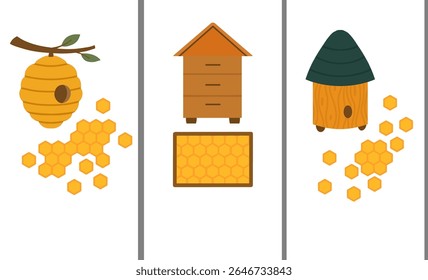 Vector set van verticale bijenteelt banner. Verzameling van kaarten met bijenkorf, honingraten en kopieerruimte in vectorvlakke stijl voor ansichtkaarten en artikelen