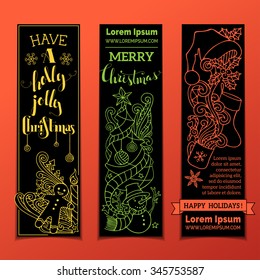 Vector set of vertical bright Christmas banners. Christmas tree and baubles, Santa sock and hat, holly berries, snowman, snowflakes, swirls, candy cane and sweets, stars and hand-written text.