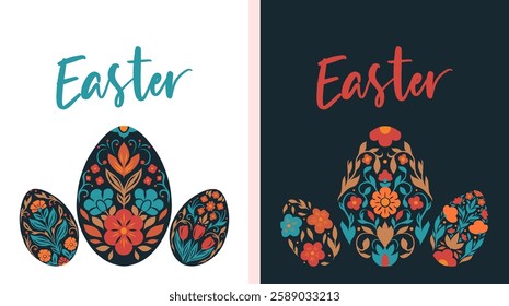 Vector set of vertical cards with Easter folk art eggs and lettering on white and black background. Happy Easter. Collection of cards with quote and floral egg