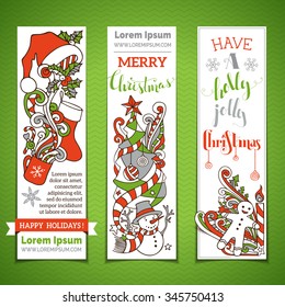Vector set of vertical cartoon Christmas banners. Christmas tree and baubles, Santa sock and hat, holly berries, snowman, snowflakes, swirls, candy cane and sweets, stars and hand-written text.