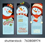 Vector set of vertical Christmas banners with cute snowmen.Cartoon smiling snowmen with hats and scarves. Holly berries, snowflakes and stars. Christmas backgrounds. There is copy space for your text.