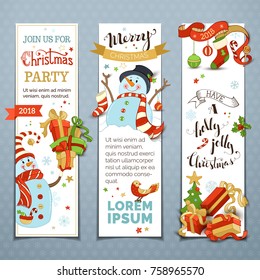 Vector set of vertical Christmas banners with cute snowmen. Cartoon snowmen with Christmas bauble, gifts and sock. Christmas tree and gift boxes, ribbon and candy cane. Copy space for your text.