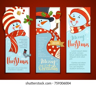 Vector set of vertical Christmas banners with cute snowmen. Cartoon smiling snowmen with hats and scarves. Holly berries and bird. Christmas backgrounds. There is copy space for your text.