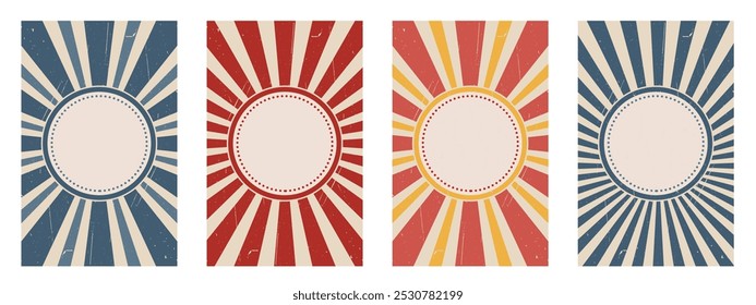 Vector set of vertical circus posters. Retro backgrounds with rays. Vector illustration.