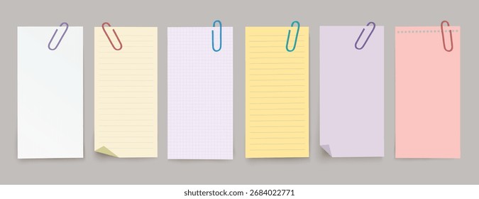 Vector set of vertical different note papers with clips and shadow on transparent background.
