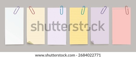 Vector set of vertical different note papers with clips and shadow on transparent background.