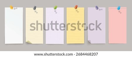 Vector set of vertical different note papers with pins and shadow on transparent background.
