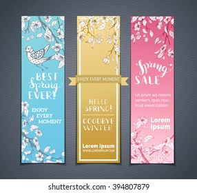 Vector set of vertical floral banners. Spring blossoms, leaves and birds on tree branches. Pastel blue, gold and pink backgrounds. Hello spring! Best spring ever! Spring sale.