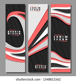 Vector set of vertical futuristic Banners, 3 layouts for ad leaflets with geometric abstract pattern and copy space for advertising text, design brochures with dark background for presentation.
