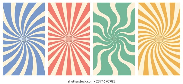 Vector set of vertical groovy poster in trendy 70s style. Twisted and distorted retro backgrounds. Vector illustration