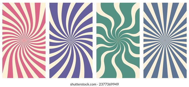 Vector set of vertical groovy poster in trendy 70s style. Twisted and distorted retro backgrounds. Vector illustration