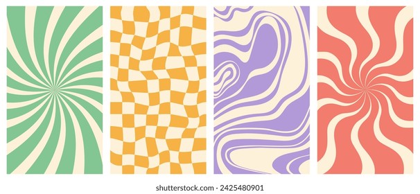 Vector set of vertical groovy poster in trendy 70s style. Twisted and distorted retro backgrounds. Vector illustration