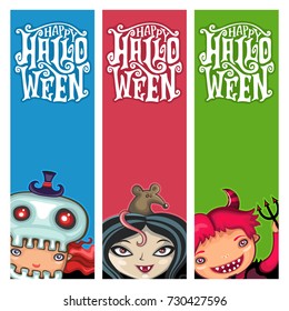 Vector set of vertical Halloween banners. Cute, funny children heads and faces, Skeleton girl, little witch or vampire with cute mouse and scary and cheerful devil with horns. Party invitation flyer