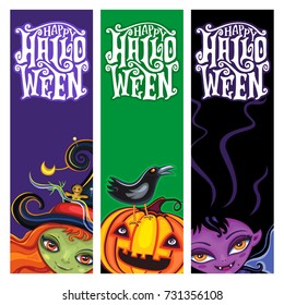 Vector set of vertical Halloween banners. Cute, funny children heads and faces, Funny Witch girl with big hat and green face Jack o Lantern boy with crow, cute vampire teenage. Party invitation flyer