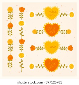 vector set of vertical and horizontal floral ornaments and hearts