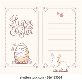 Vector set of vertical monochrome color illustration of Happy Easter greetings with light bunny and egg on white background. Line art design for web, site, banner, poster, card, paper print, postcard.