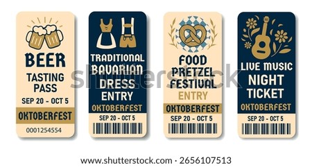 Vector set of vertical Oktoberfest tickets. Costumes, food, beer tasting. Traditional motifs, Bavarian symbols. Suitable for gastronomic events, markets, festivals, fairs and pubs