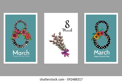 a vector set of vertical posters or greeting cards for the 8th of March; International Women's Day; with decorative floral number eight; with hand drawn flowers and twigs; peony;gerbera; pussy willow