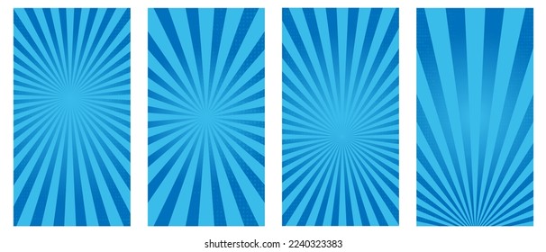 Conjunto de vectores de la plantilla de afiches retro vertical de explosión solar. Fondo retro azul