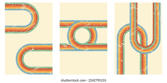 Vector set of vertical retro vintage backgrounds with colorful lines.Grunge texture.Stripes poster lines.