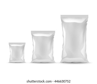 Vector Set of Vertical Sealed Empty Plastic Foil Bags of Different Size for Package Design with Smooth Edges Front View Close up Isolated on White Background